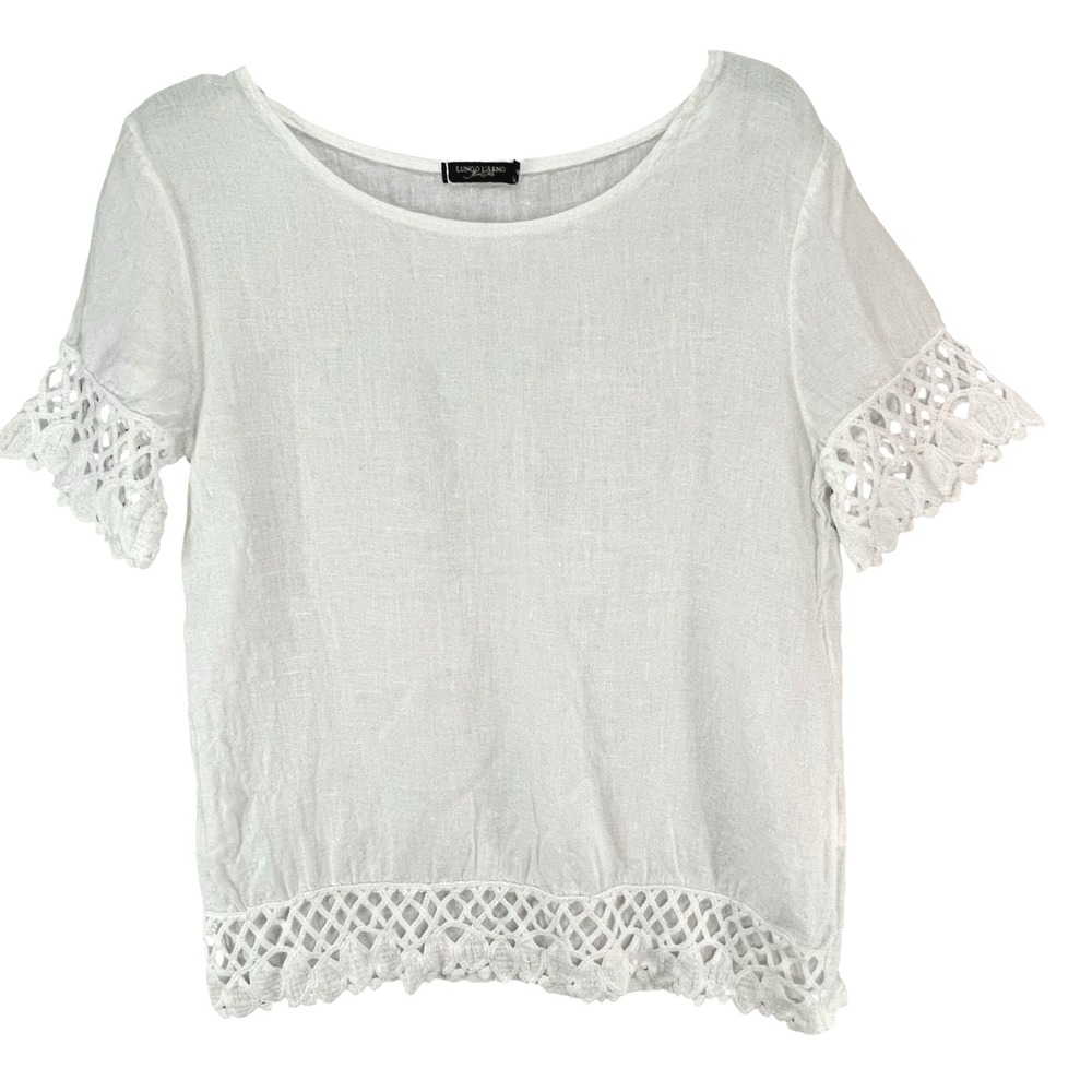 Lungo L'Arno Top Womens S White Linen Blouse Lace Crochet Cottage Beach Italy - Picture 2 of 12